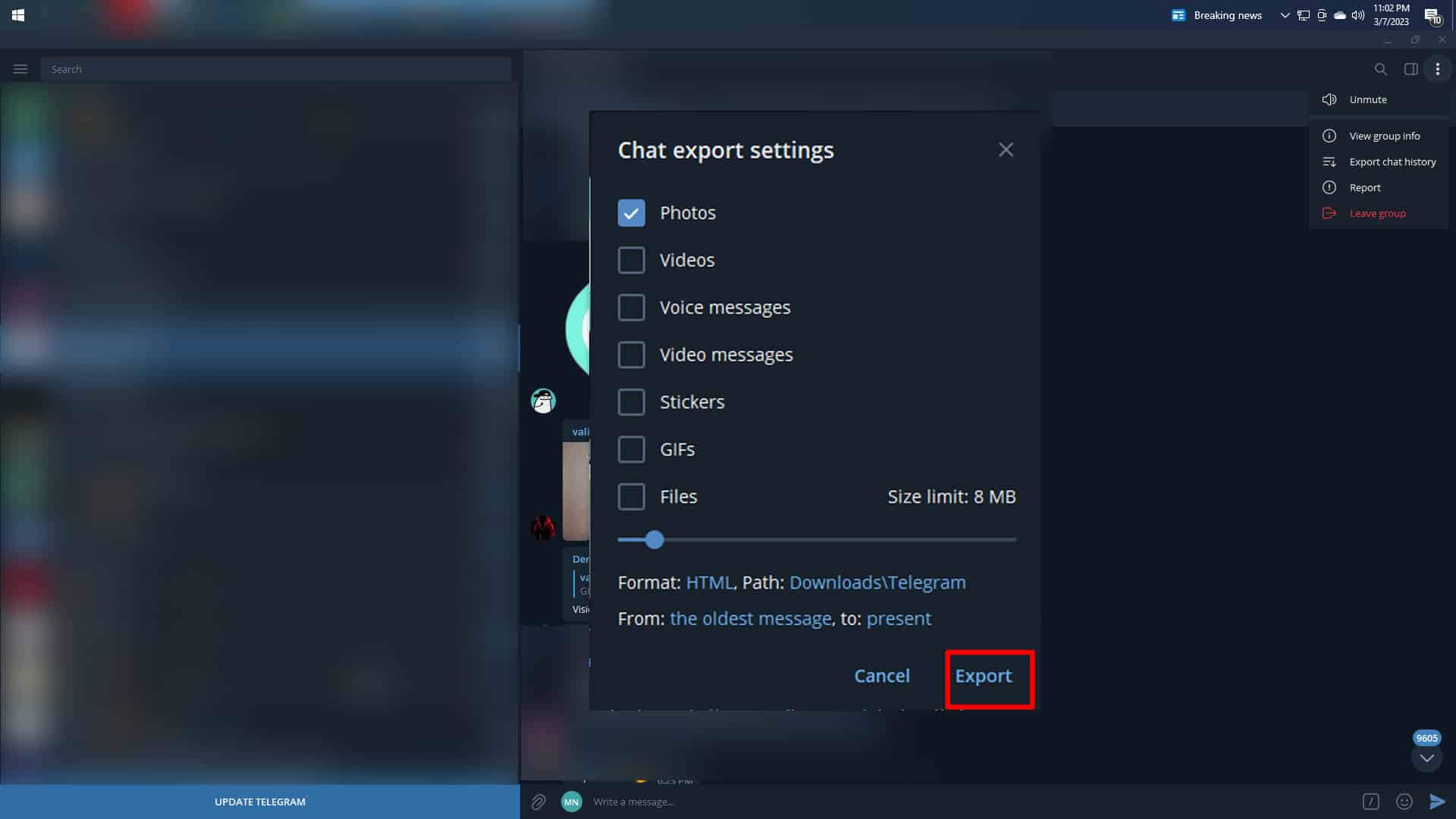 Click On Export Button