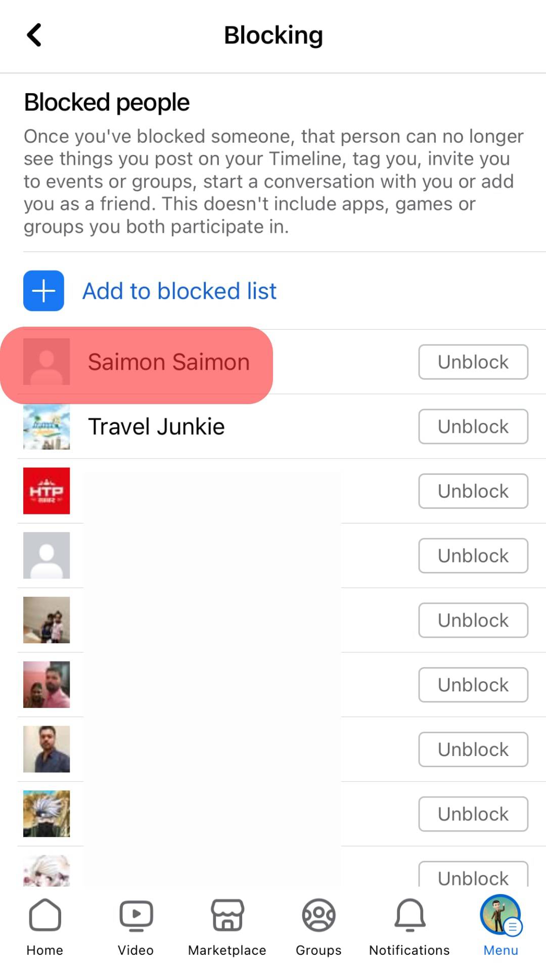 A List Of Blocked Users In The Block Users Tab