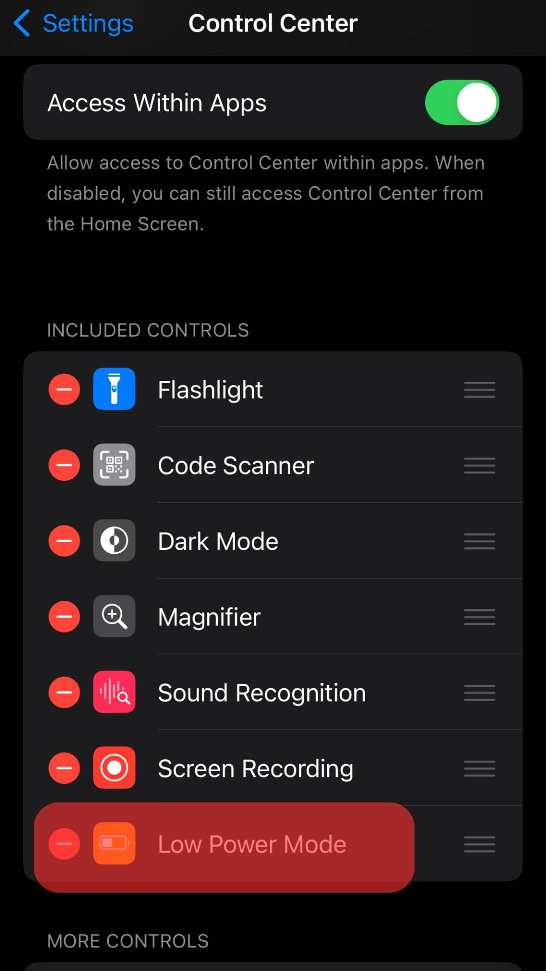 Add Low Power Mode To Included Controls.