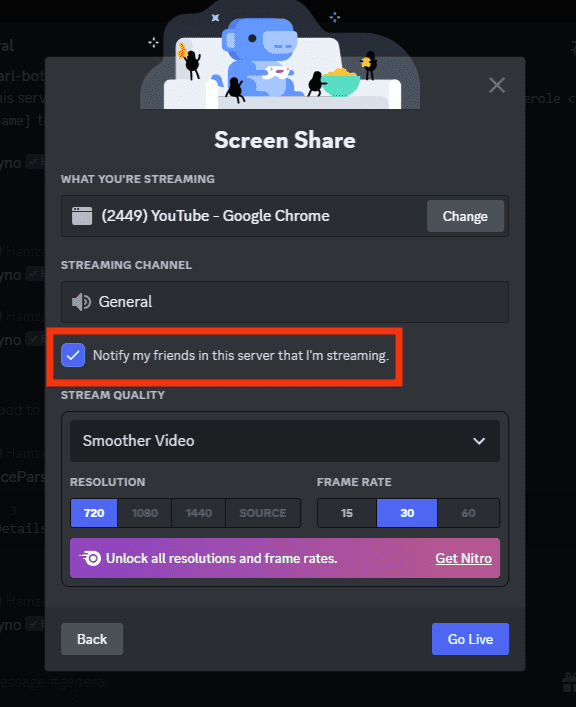 Check The Option&Nbsp;Notify My Friends In The Server That I'm Streaming