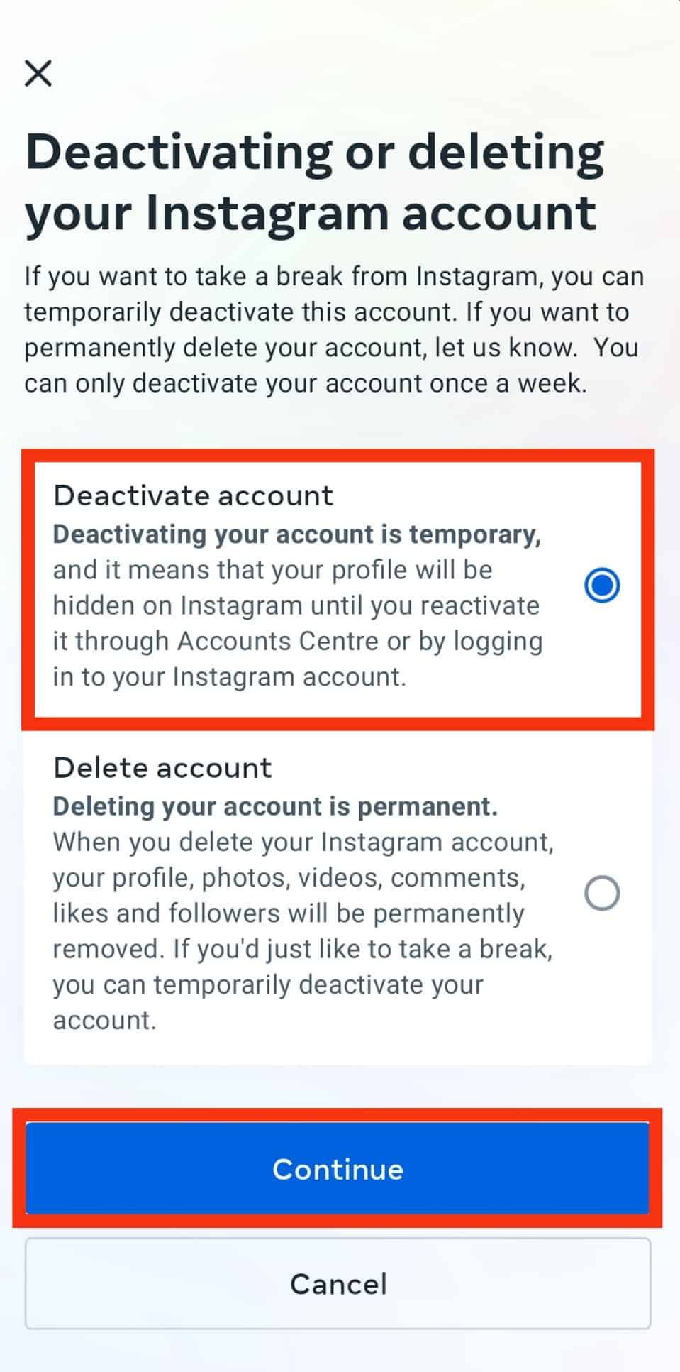 Choose Deactivate Account