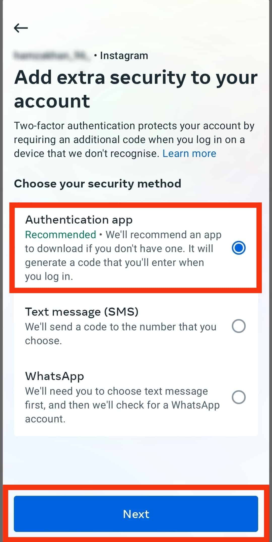 Choose Your Security Method And Tap Next