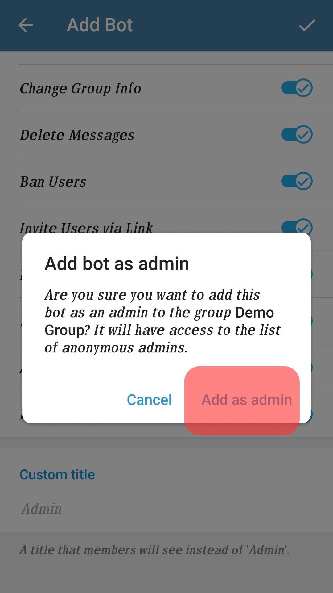 Click Add As Admin To Confirm.