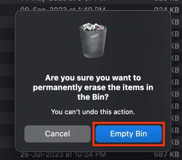 Click Empty Bin To Confirm The Action