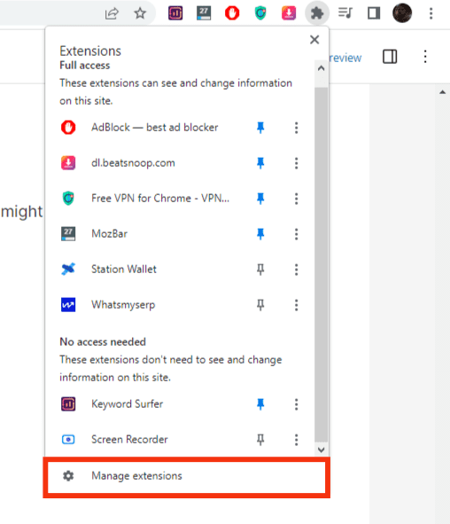 Click On Manage Extension