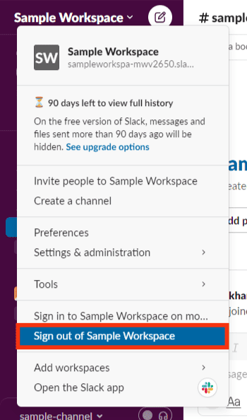 Click On Sign Out Of (Your Workspace Name)