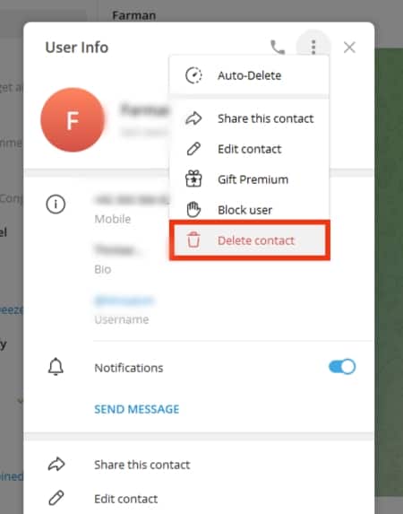 Click On The Delete Contact Option