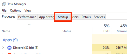 Click On The 'Startup' Tab