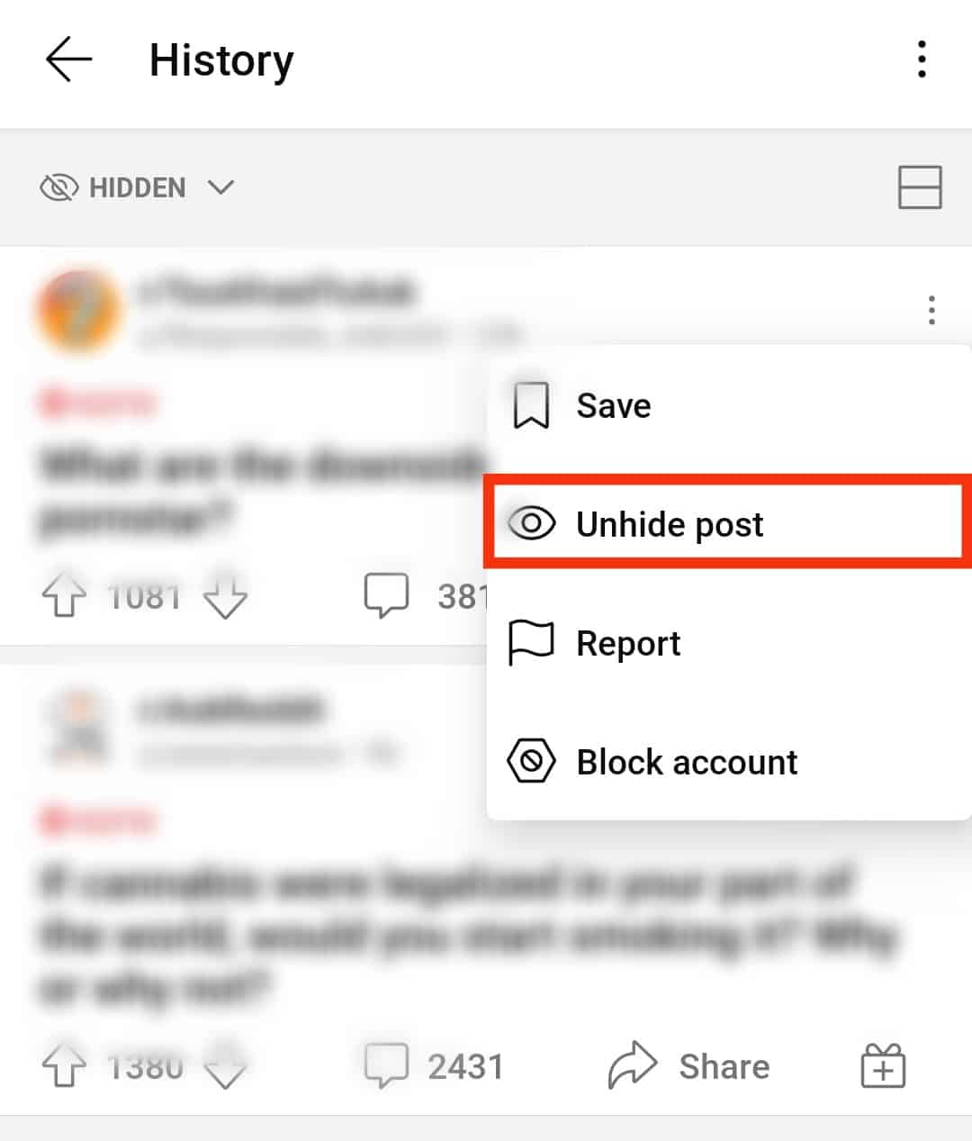 Click On The Unhide Post Option