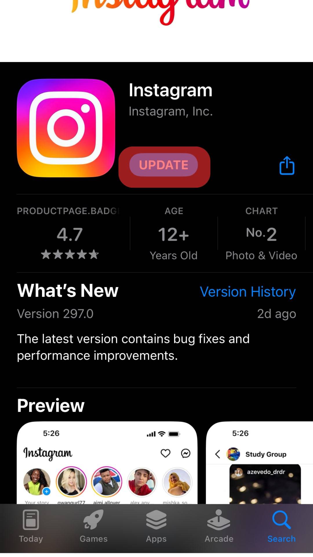 Click On The Update Option Instagram