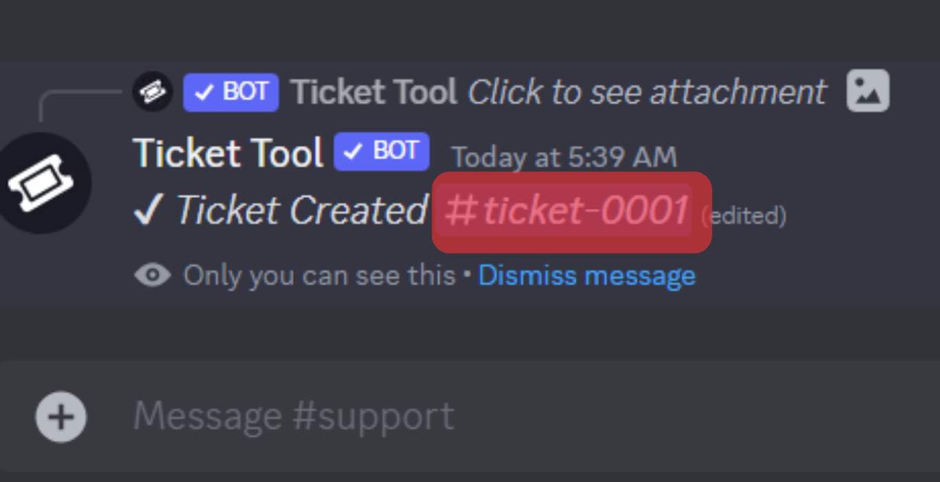 Click On The Created Ticket Number To Open The Ticket Channel.