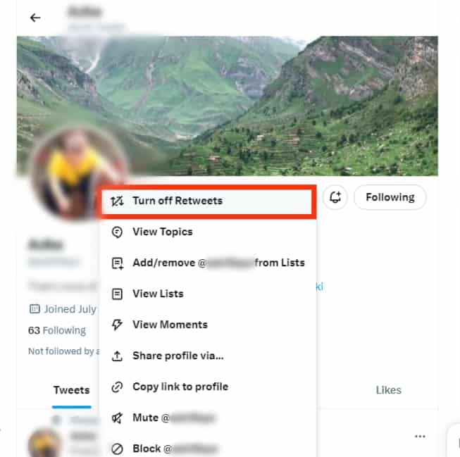 Click On Turn Off Retweets