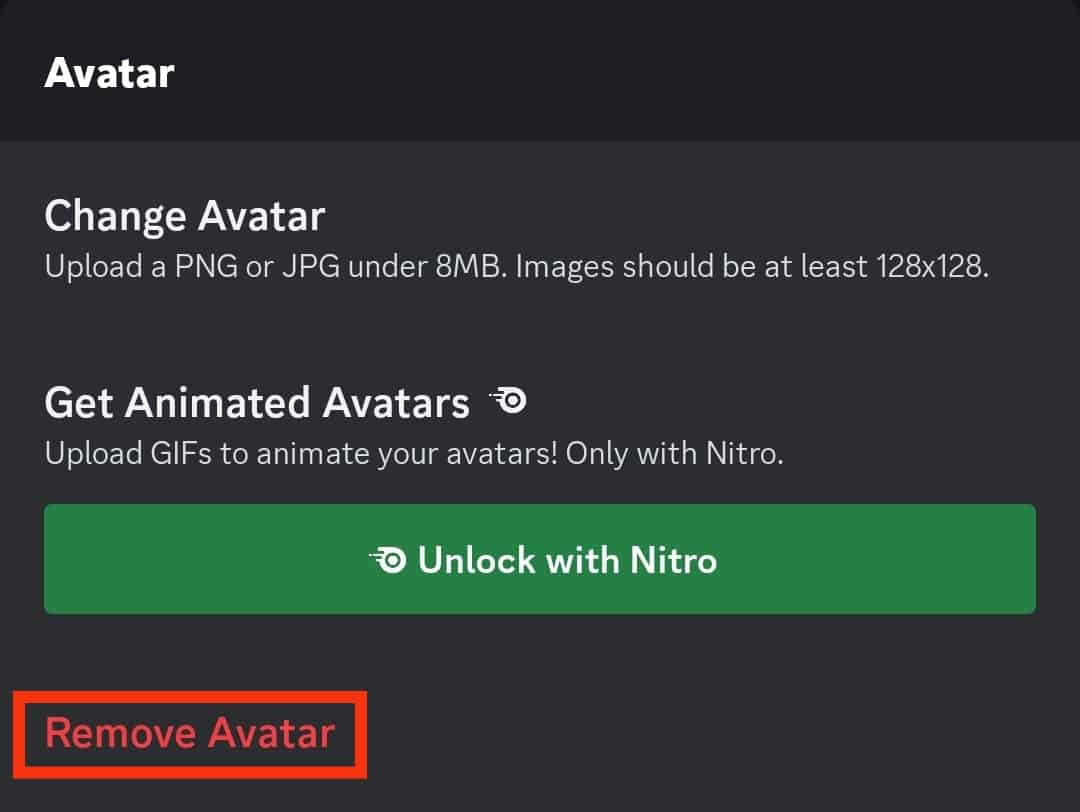 Click Remove Avatar