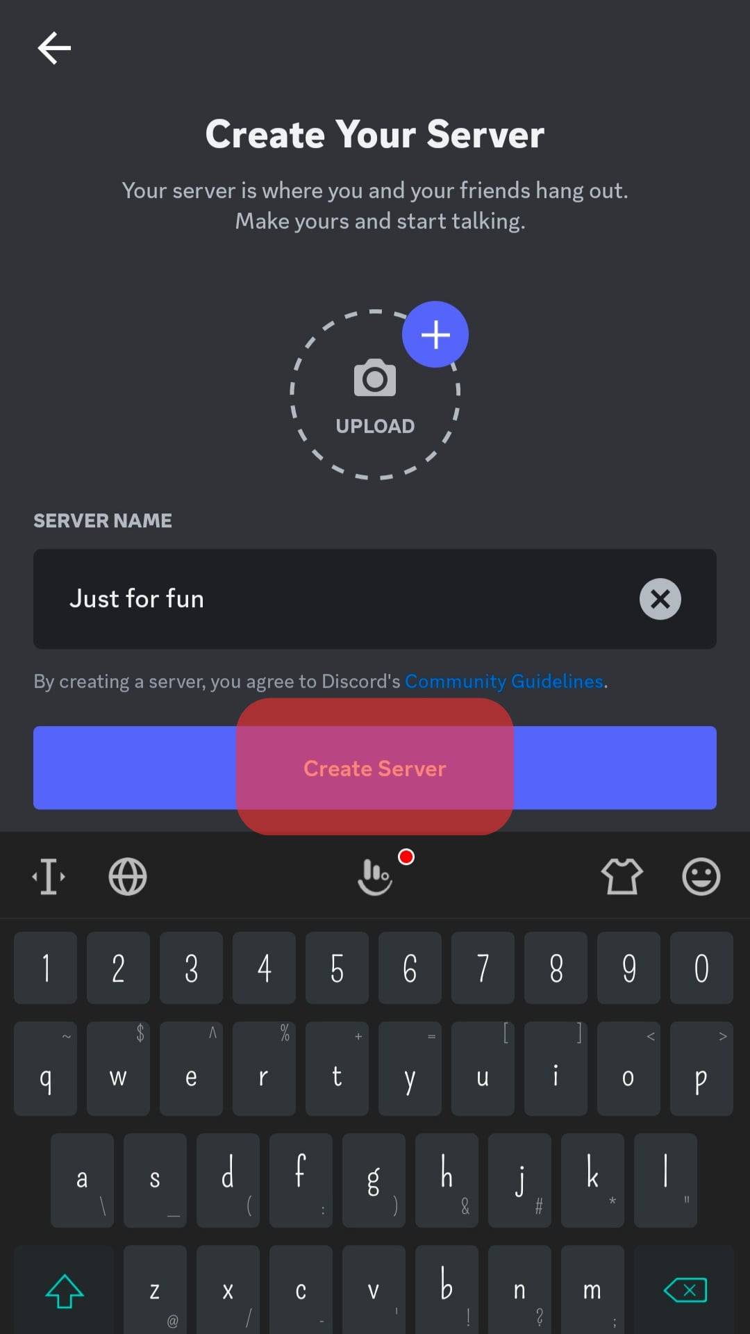 Click The Create Server Button