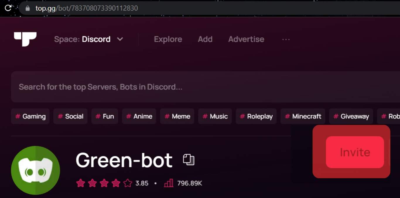 Click The Invite Green Bot Button.