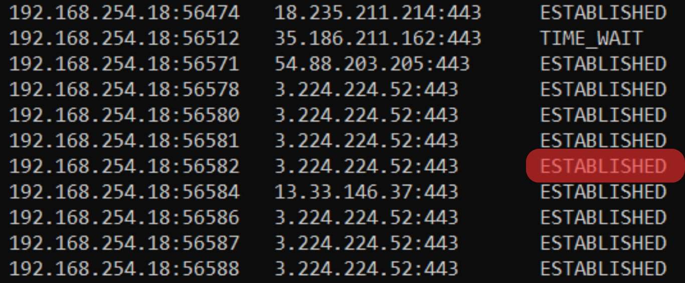 Command Prompt Displays Established.
