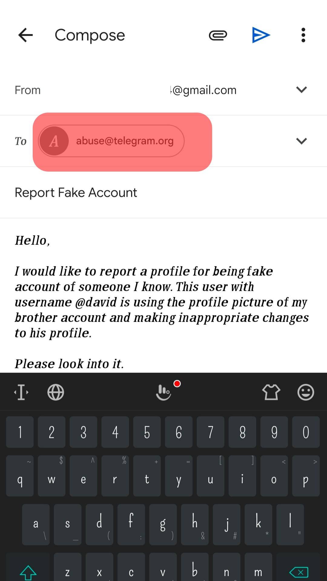 Compose An Email To Abuse@Telegram.org