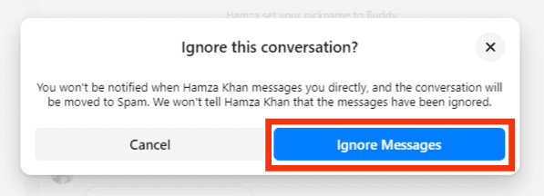 Confirm By Clicking Ignore Messages Again