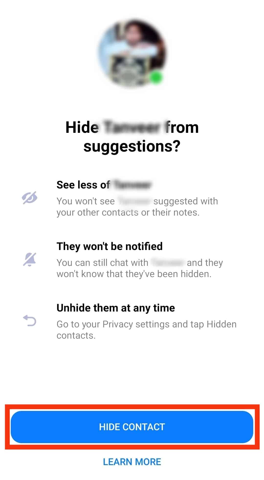 Confirm By Tapping On The Hide Contact Button