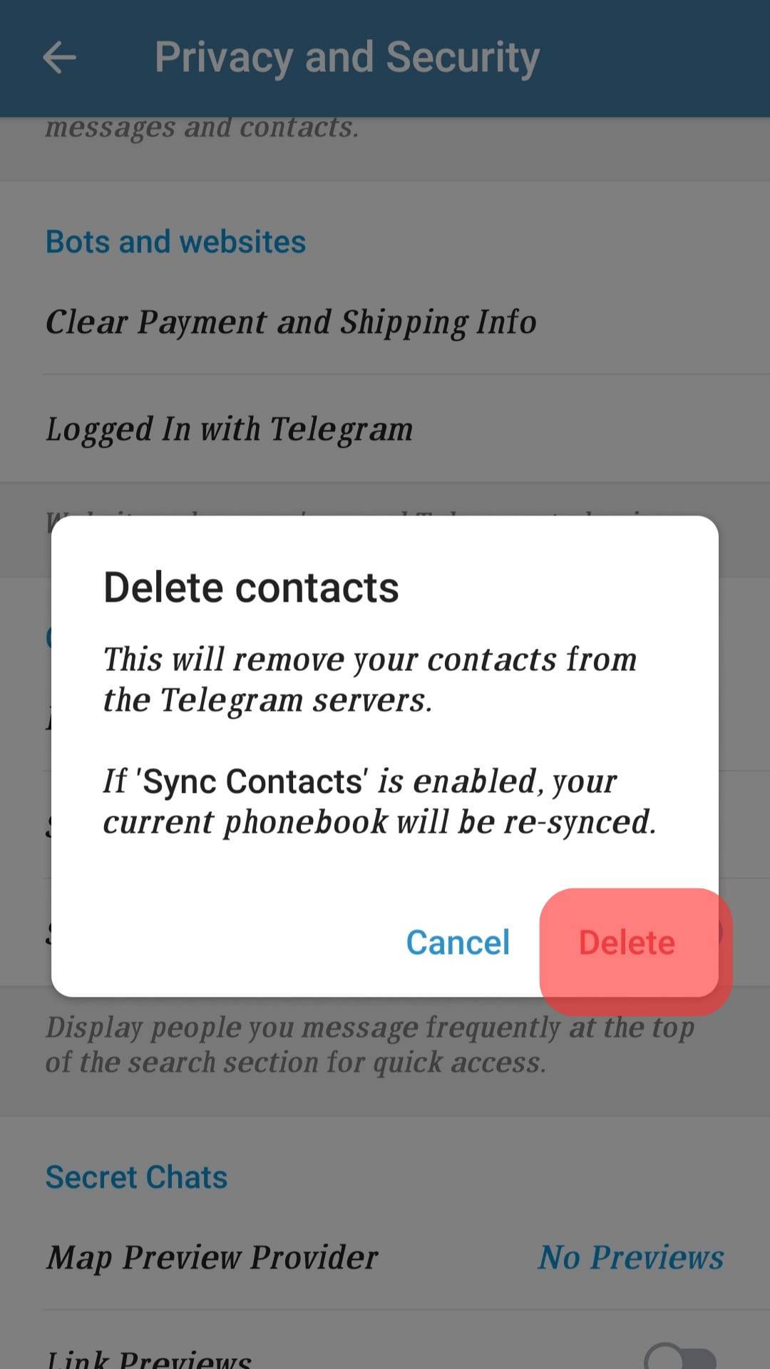 Confirm To Delete Contacts In Telegram