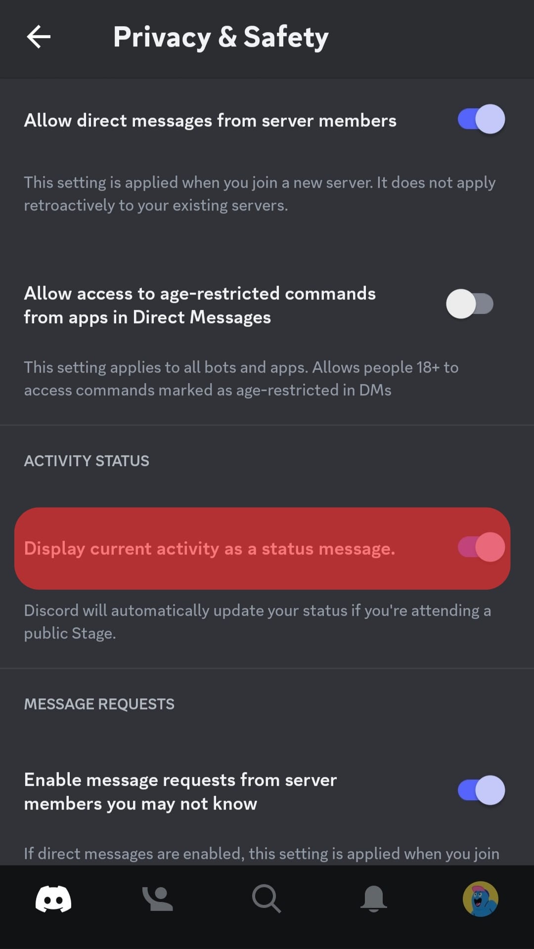Disable Display Current Activity As A Status Message