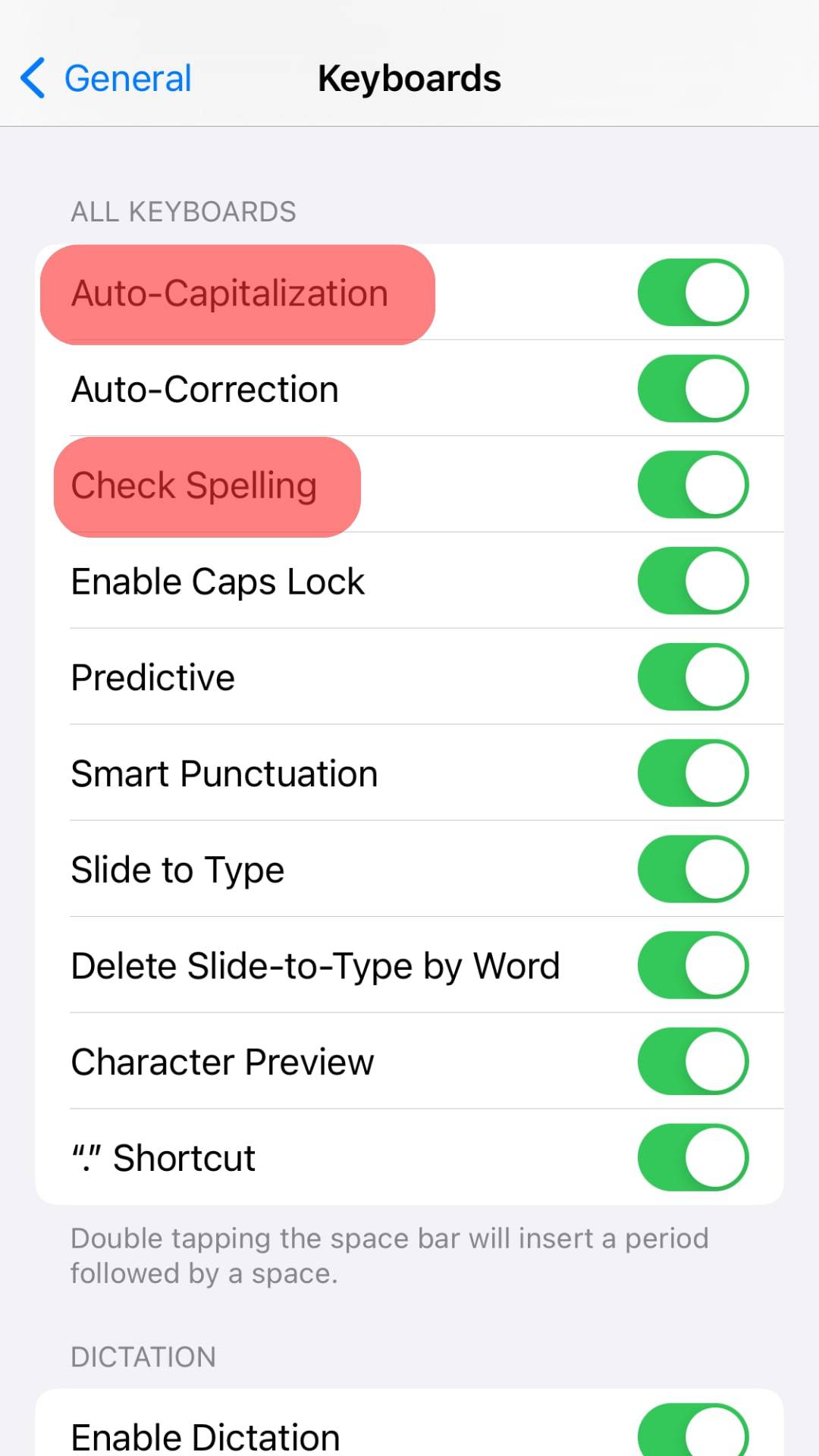 Disable The Auto-Capitalization And Check Spelling Options