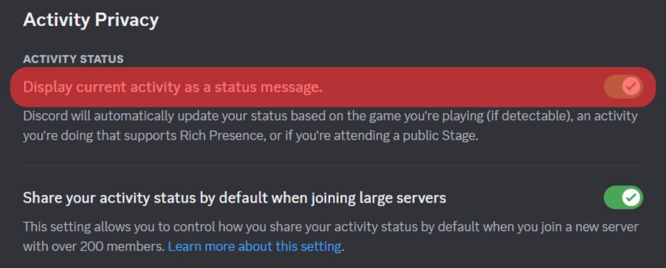 Disable The Display Current Activity As A Status Message