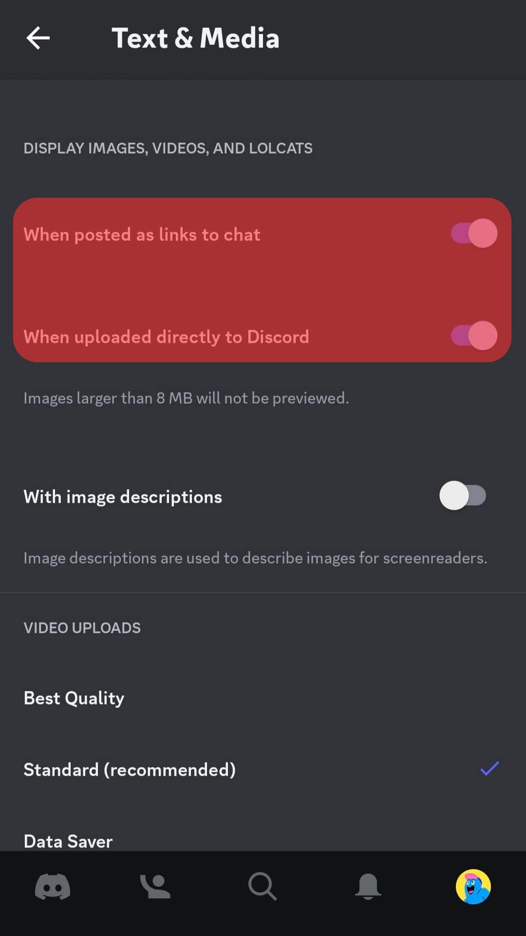 Disable The Options For When Posted As Links To Chat And When Uploaded Directly To Discord.