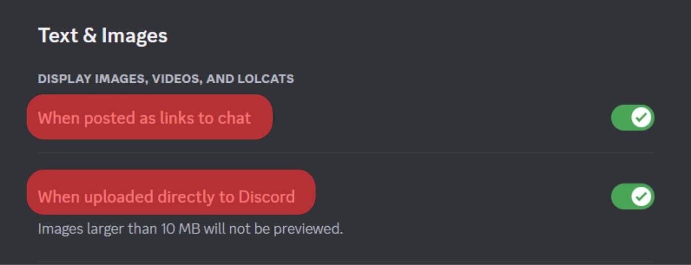 Disable The Options For When Posted As Links To Chat And When Uploaded Directly To Discord.