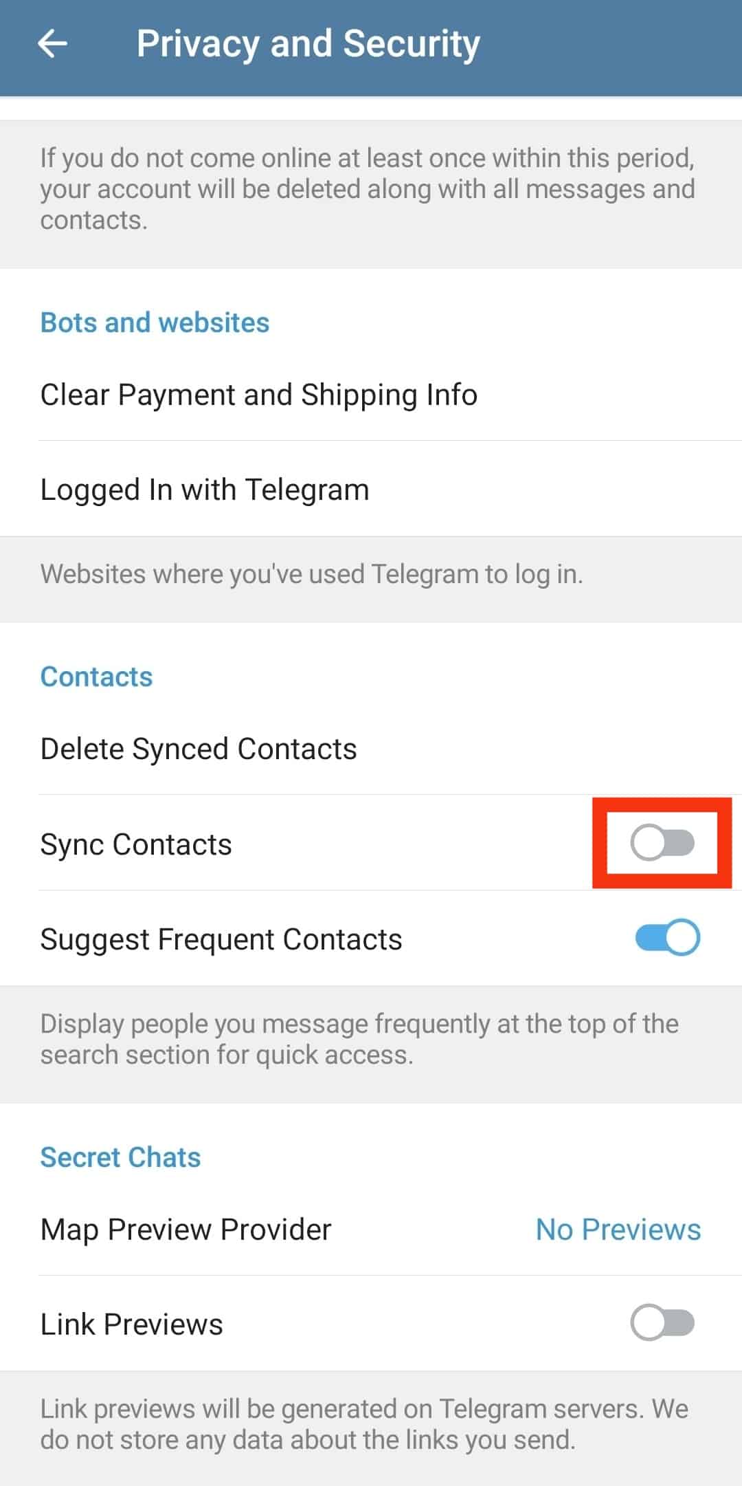Disable The Sync Contacts Toggle