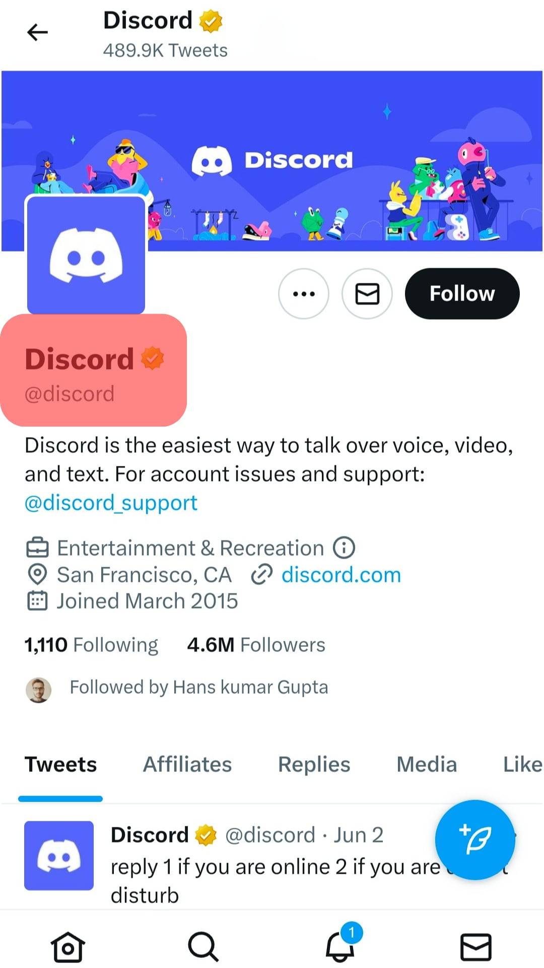 Discord Official Twitter Account