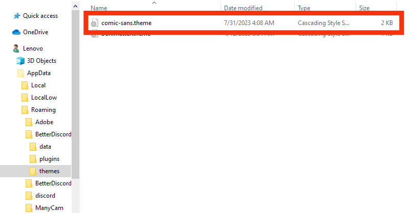 Drag The Comic-Sans.theme File To The Discord Themes Folder.