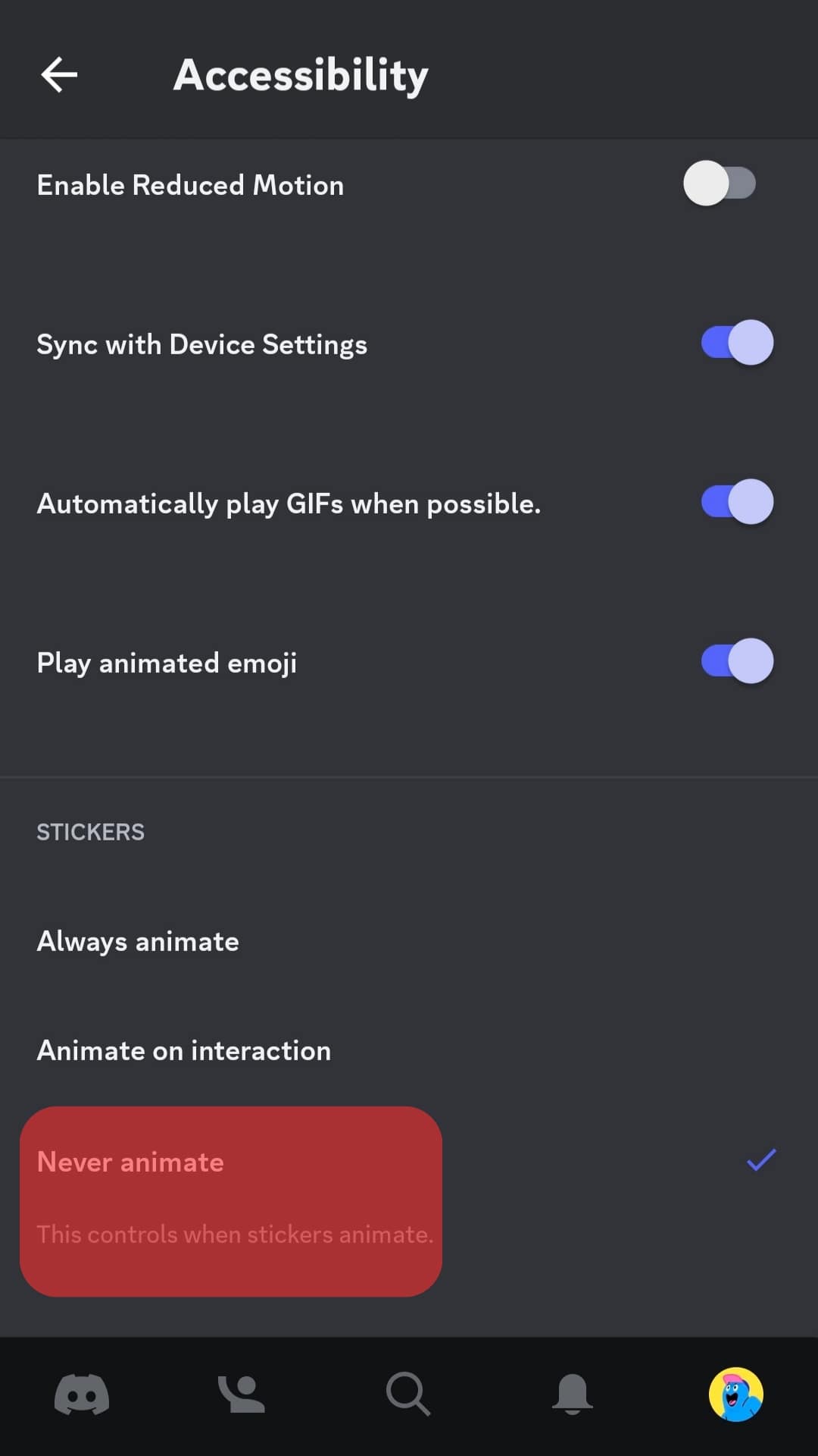 Enable The Option For Never Animate For Stickers Discord