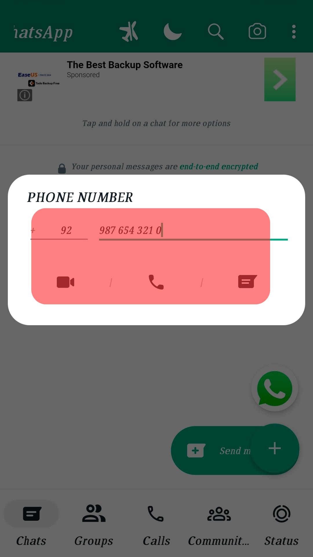 Enter The Whatsapp Number And Click The Message Or Call Icon