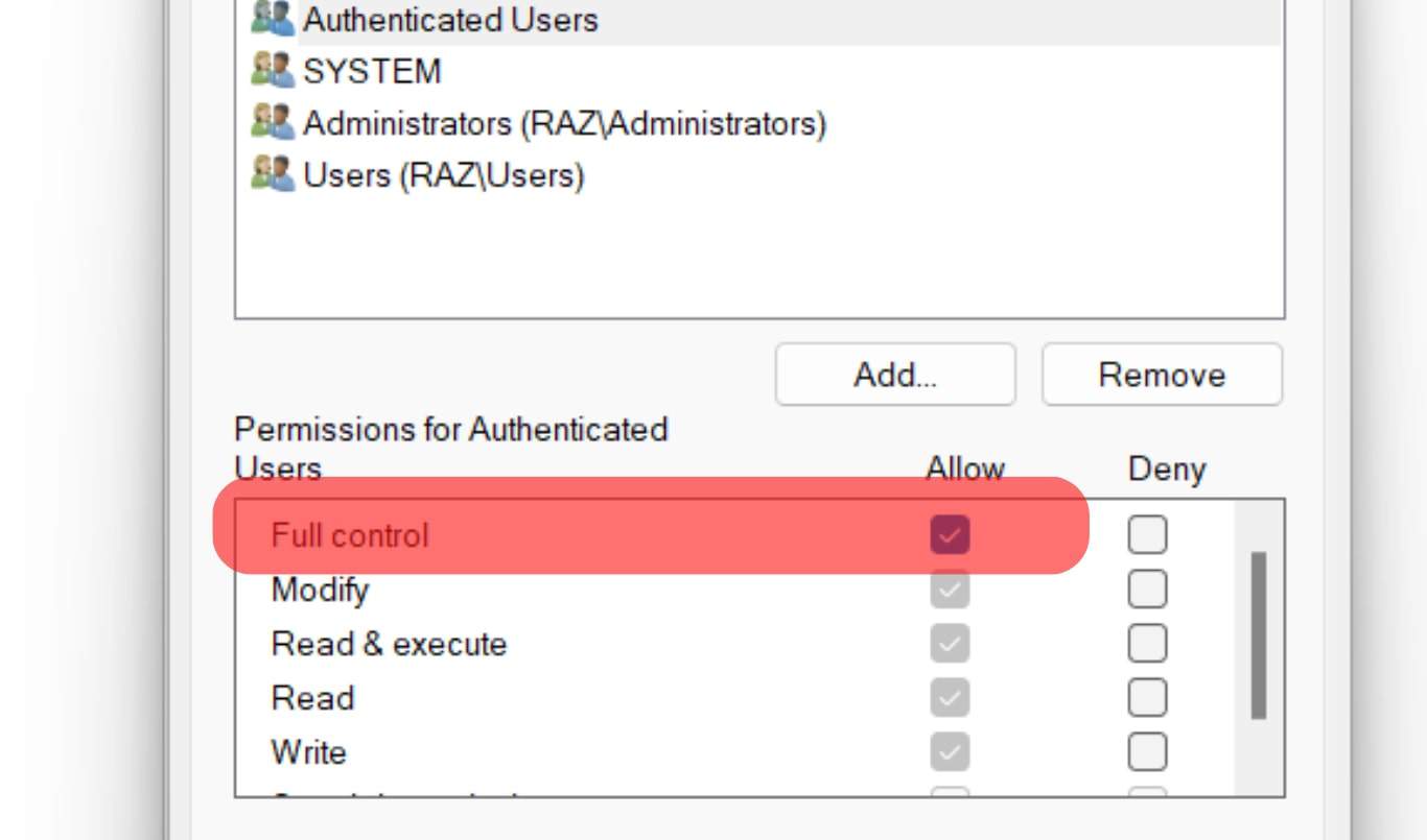 Full Control Is Checked In The Security Section