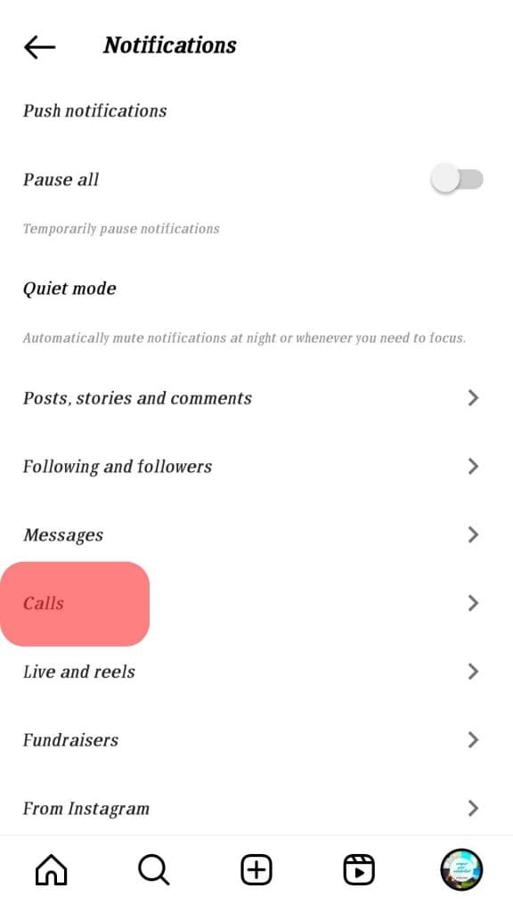 Go To Calls Under Notification Section Instagram