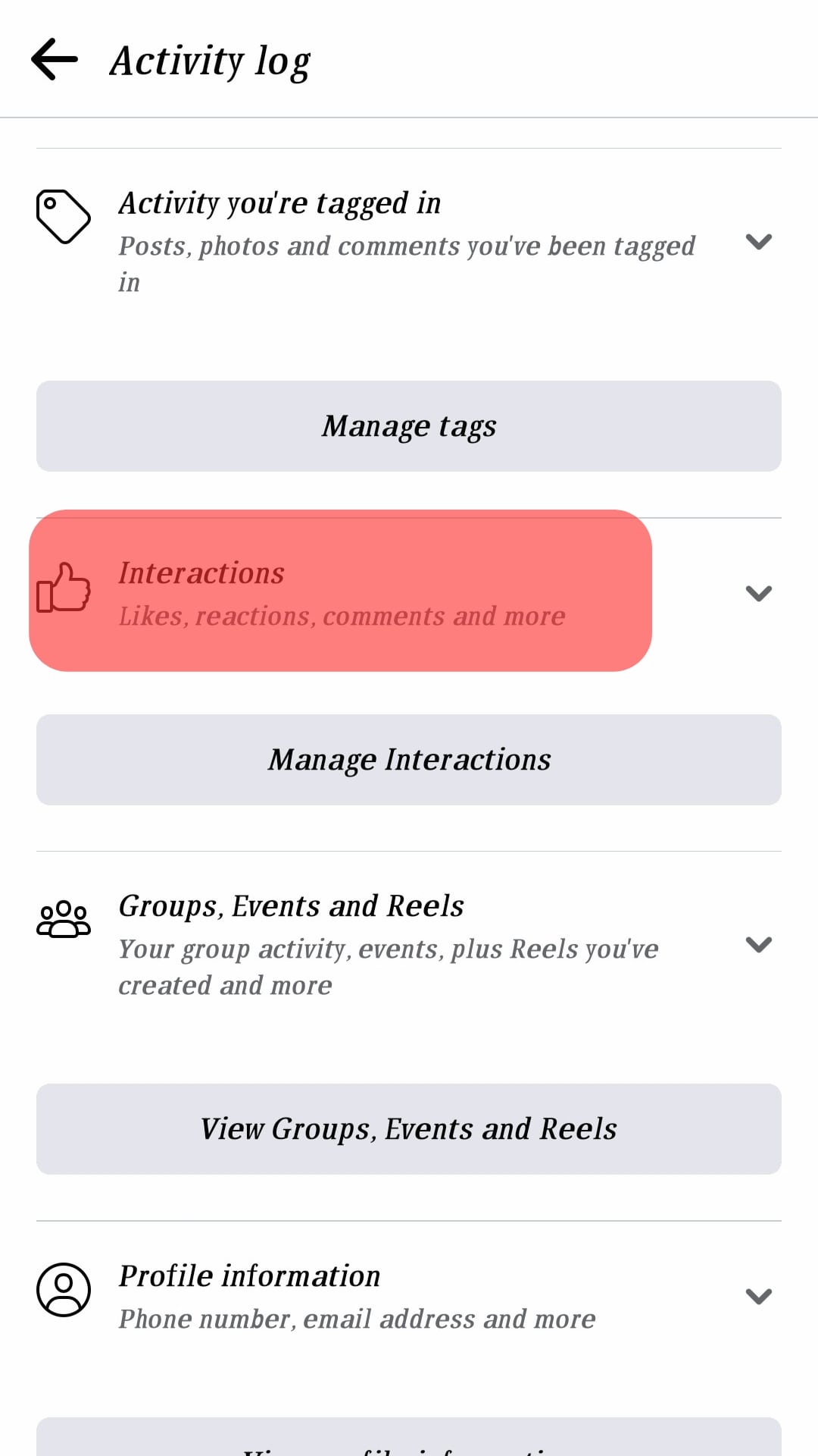 Interactions Drop-Down Facebook Mobile