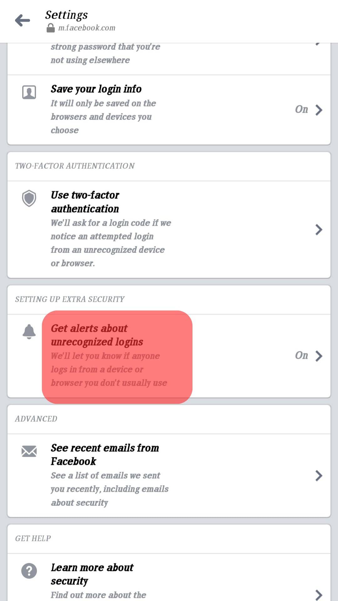 Locate The Get Alerts About Unrecognised Login Option