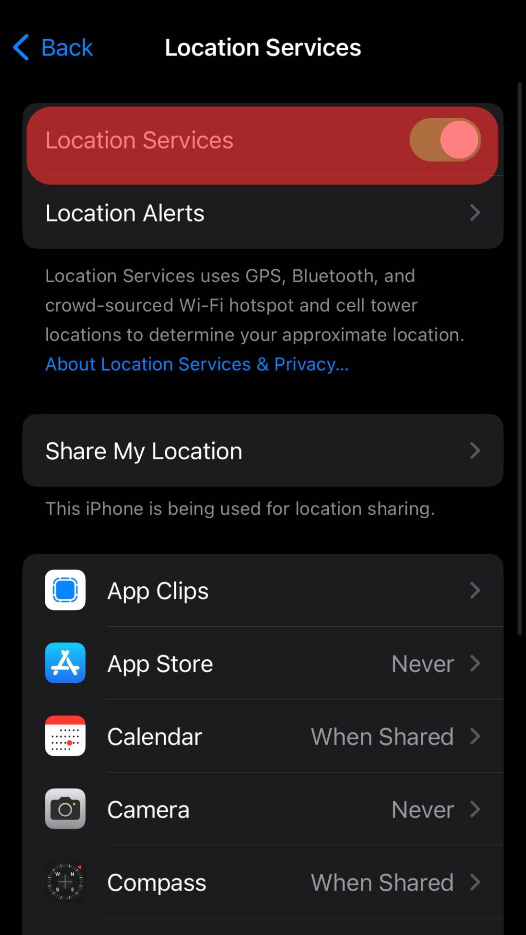 Make Sure The Location Services Toggle Is Switched On.