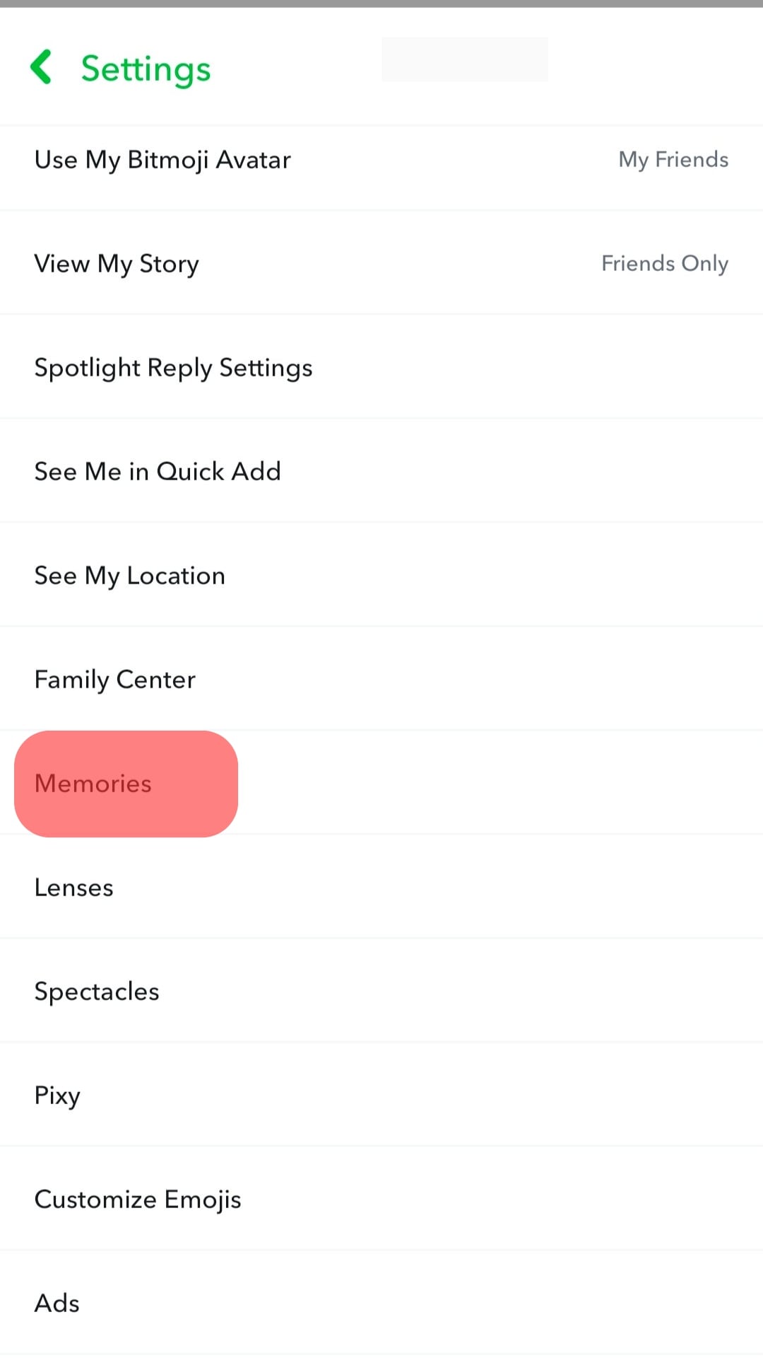 Memories Option From The List