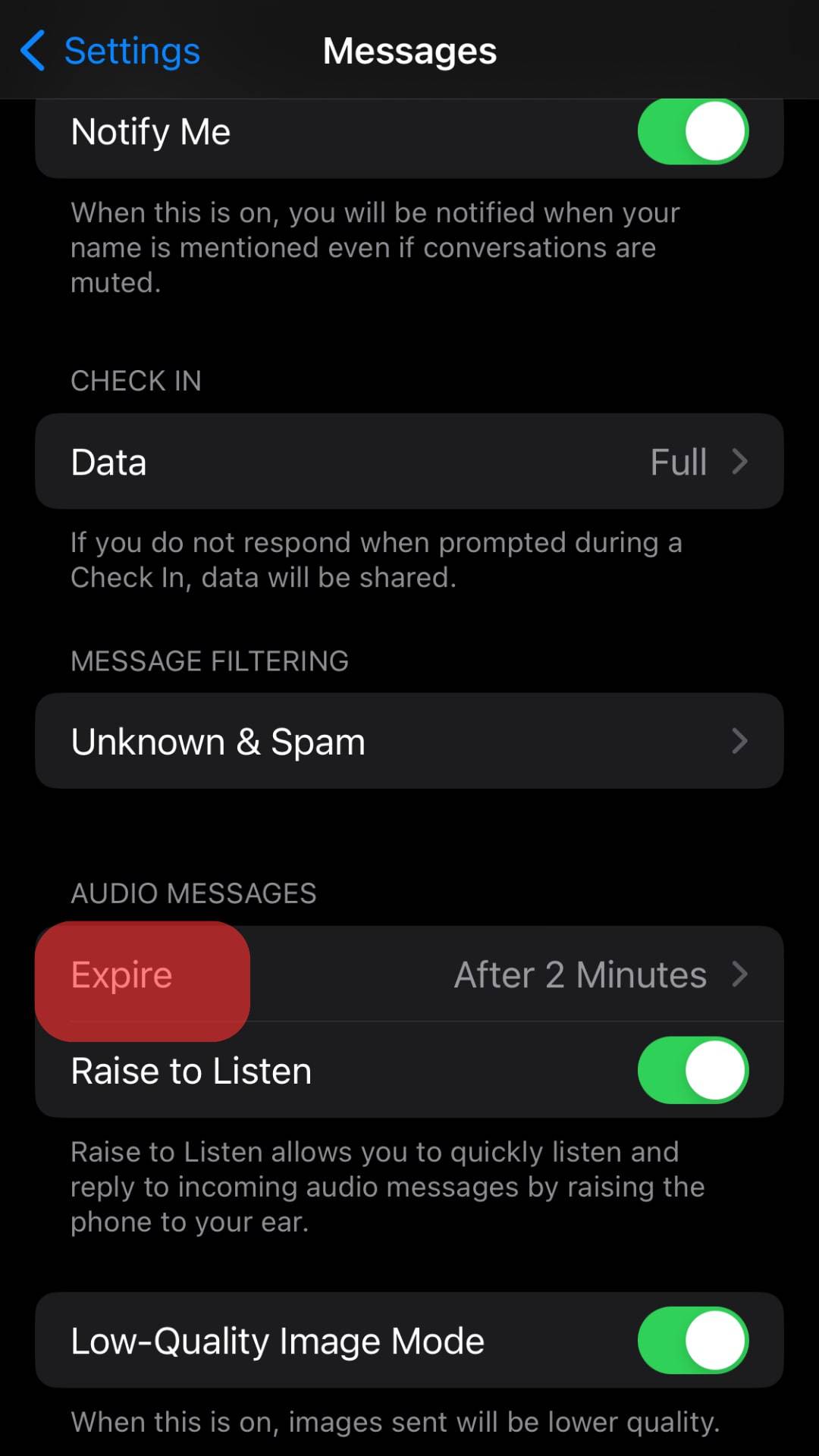 Navigate To ‘Expire’ Under ‘Audio Messages.’