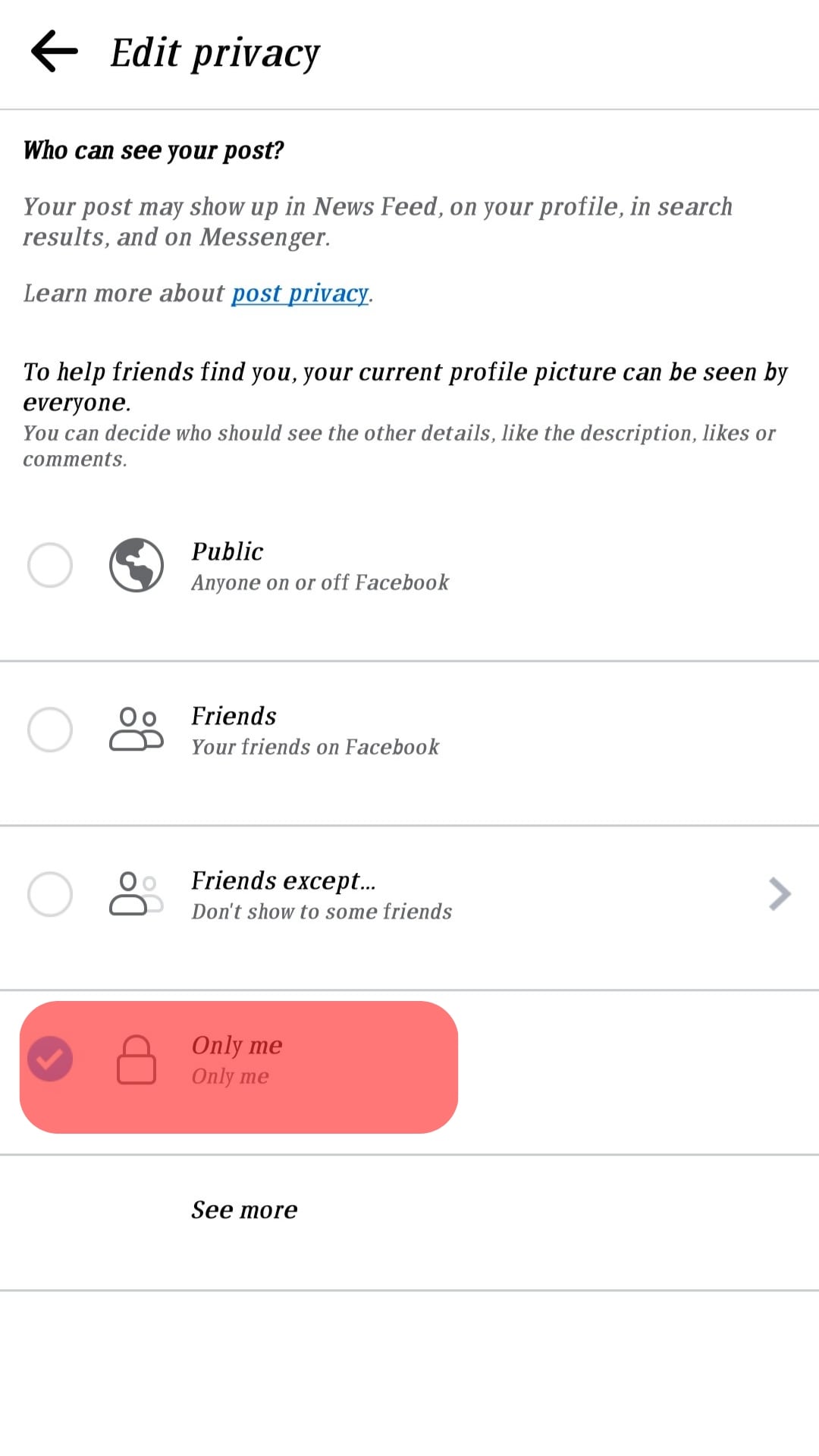 Only Me Option For Privacy On Facebook