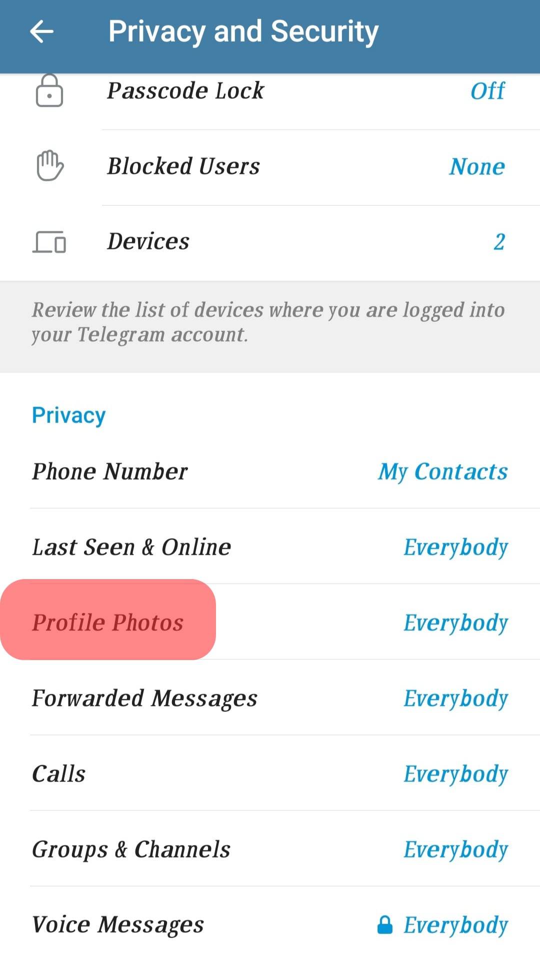 Profile Photo In The Privacy Section Telegram