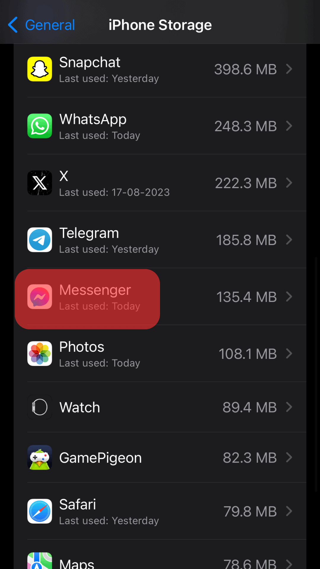 Scroll To Messenger In Iphone Storage