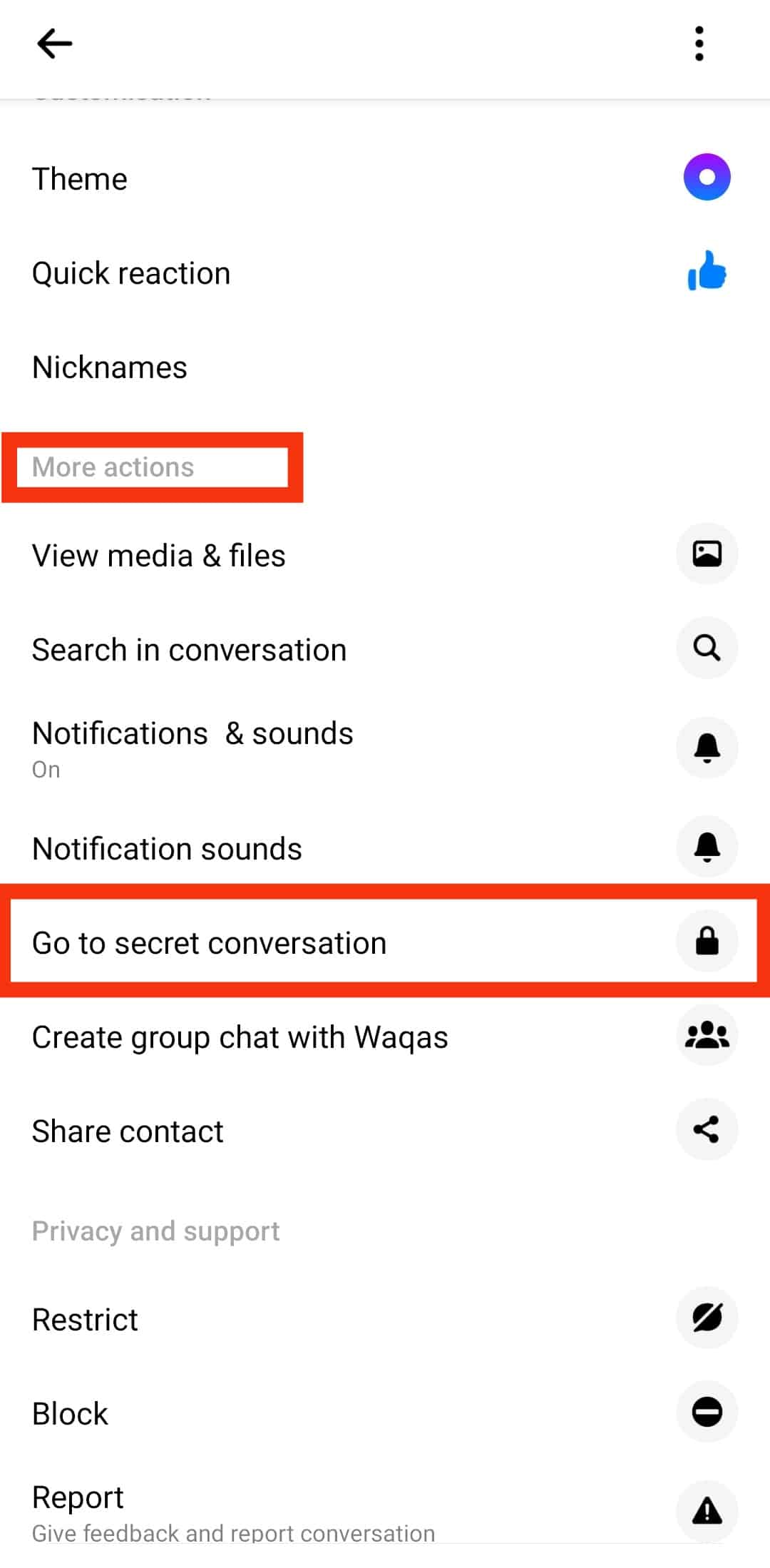 Scroll To More Actions Sections And Click On Go To Secret Conversation