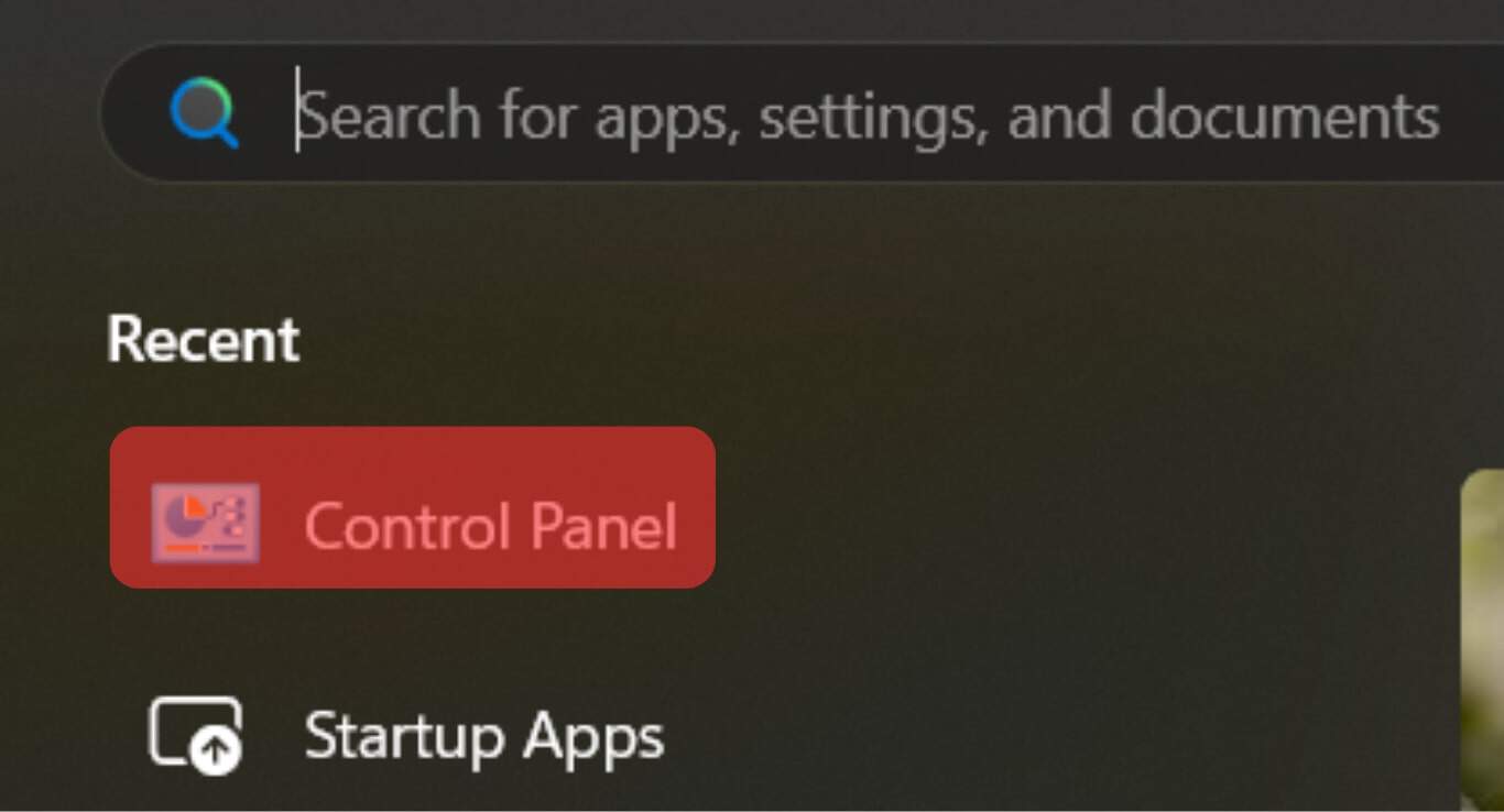 Search For Control Panel And Click On It.