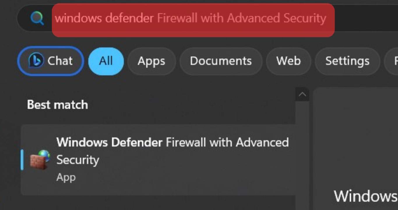 Search For Windows Defender Firewall With Advanced Security.
