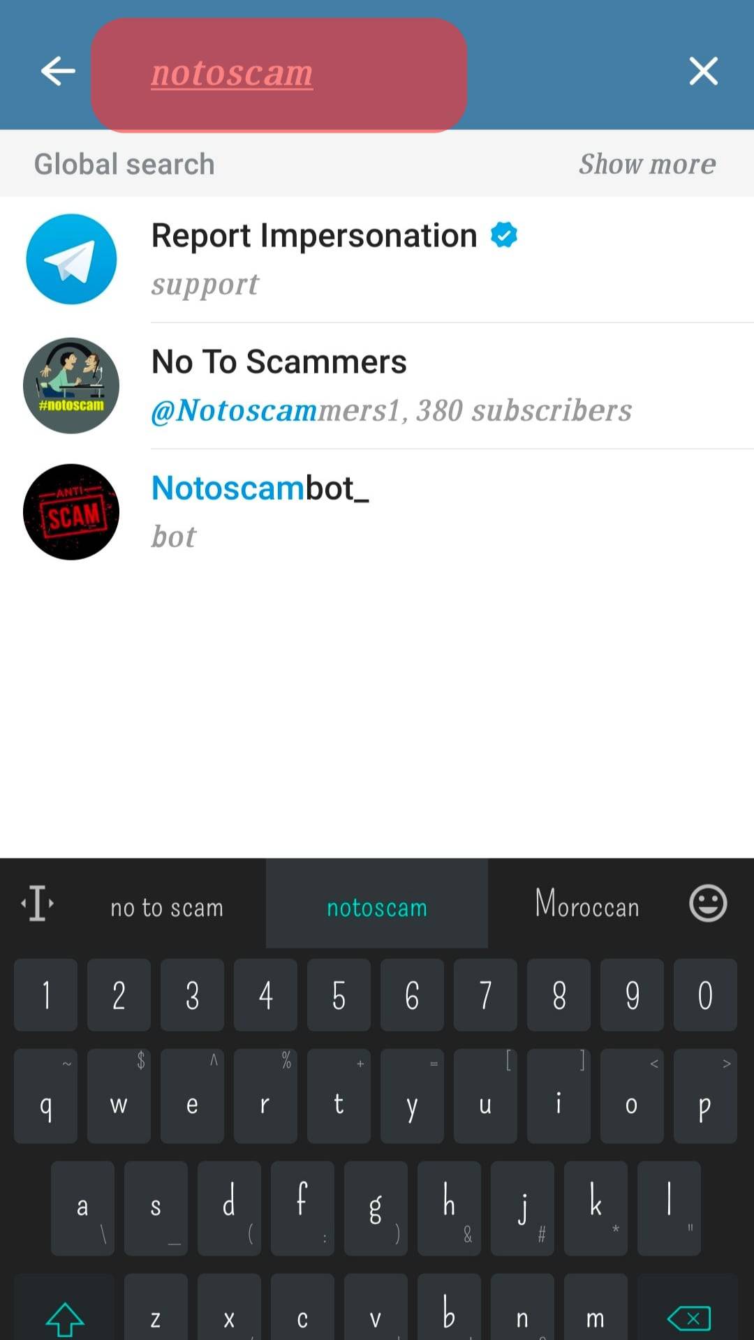 Search For The @Notoscam Bot On Telegram