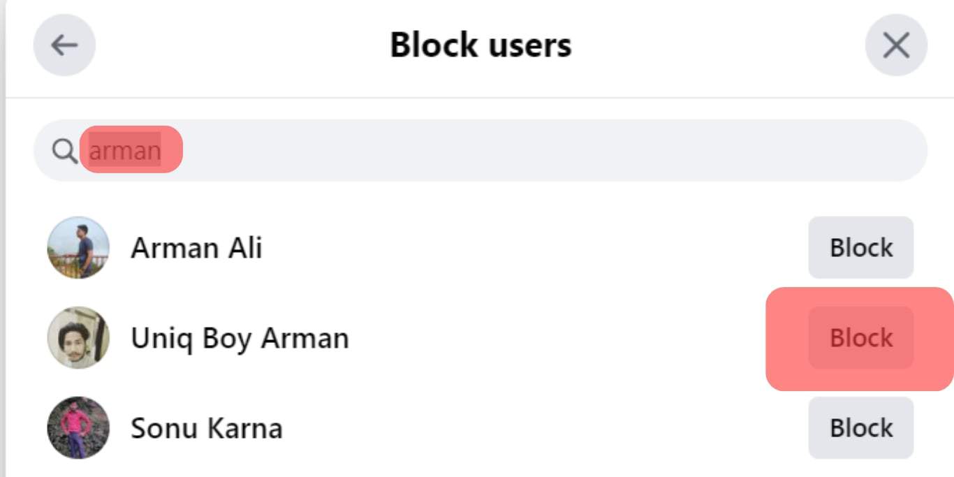 Search For The User And Click Block Next To Their Name.