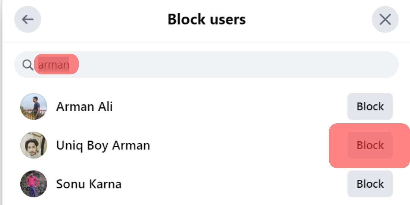 Search For The User And Click Block Next To Their Name.